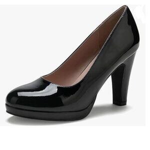 Miss Left Black Low Platform High Chunky Heel Slip On Round Toe Pump Dressy Shoe